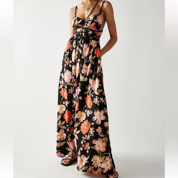 Free People Wisteria Black Floral Maxi Dress open back small S P adjustable - Picture 2 of 14